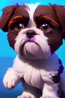 pixar style, a close-up portrait of cute, true-to-life shih tzu puppy, fluffy, vivacity colors, realistic shaded volumetric lighting, extreme dense and fine fur, garden environment background, highly detailed, renderman gofur render, art by sam curry