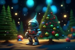 cute smiling Future Mech style Santa and realistic Christmas tree, in the garden of Eden, with colorful trimmings, star on top of tree, gifts, toys, bokeh like f/1.2, tilt-shift lens 8k, high detail, smooth render, down-light, unreal engine, prize winning