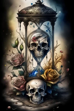 Watercolor drawing: Gothic black MULTICOLOR hourglass, black lace, pearls, black roses on a white background, trending on Artstation ::{creative commons}:: Illustration :: Color correction:: Filmic, Nikon D750, Brenizer Method, Perspective, Depth of Field, F / 2.8, Lens Flare, Tonal Colors, 8K, Full-HD, ProPhoto RGB, Perfectionism, Frame Illumination, Natural Lighting, Soft Backlight