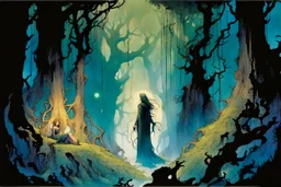 create a wildly conceptual illustration of sorceress gathering in an ethereal, otherworldly , darkened, ancient forest draped in hanging moss and climbing vines, in the comic book art style of Bill Sienkiewicz, Mike Mignola, Sparth, and Jean Giraud Moebius, finely drawn, colored and inked, suffused with dramatic natural light and shadow under a midnight blue moon