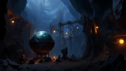 Dwarf cavern with a giant dwarf statue with scaffolding facing a science fiction orb