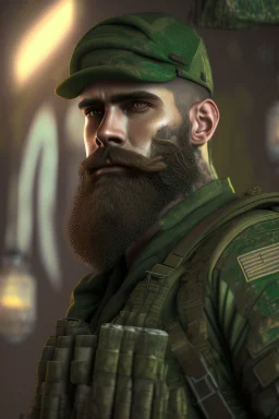 photorealistic male bearded handsome soldier, hyperdetailed painting, luminism, Bar lighting, complex, dark green miltary, 4k resolution concept art, Artgerm, WLOP, Alphonse Mucha, 3d render, octane render, intricately detailed, cinematic, awesome full color, hand drawn, dark, gritty, cinematic, buckeye burl