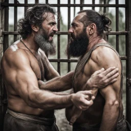 portrait photography of two burly bearded wet sweaty chubby gipsy prisoners fighting very close, 45 years old in dirty ripped broken shorts, long beard, fight in a dark prison, eye-to-eye, dirty, ugly, bullneck, muscular, manly chest, shirtless, misery and poverty, angry eyes, photorealistic, cinematic, ultradetailed, 32k, view from the ground