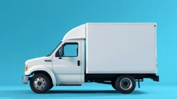 side profile of a white generic north american medium commercial truck with cube box, blue background, Pixar