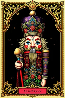 Centered, Ornate, Collectable Trading Card of lisa frank pattern fantasy character portrait of Crisp Digital Art, holiday nutcracker by Aleksi Briclot, T-Shirt Design, Black Background, Detailed Frame, Border, in SNES arcade game, ultra realistic, wide angle, intricate details, retro Nintendo bitmap pixel art, highly detailed by peter mohrbacher, wayne barlowe, , hajime sorayama aaron horkey, gaston bussiere, craig mullins