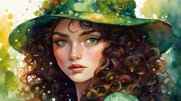 highly detailed, curly brown hair, green eyes, hat,printed dress, vivid colors, watercolor portrait, dramatic light, realistic, by Alyssa Monks, Afarin Sajedi, Brian Kesinger, Thomas Kinkade, Pascal Campion, Craola.