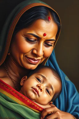 portrait of an Indian mother and her baby, oil on canvas, love, affection, emotion