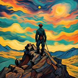 un montañista en la cima de una montaña observando el cielo de colores al estilo de vicent van gogh