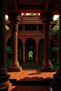 overgrown Hindu Temple atrium, nature, ancient black marble columns and terracotta tile floors, intricate wall carvings, waterfall, ultra-high quality, octane render, corona render, UHD, 64k, sharp details