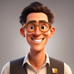 a portrait of smiling man. caricature. black rare hair. light brown skin. black eye pupils. circle eyeglasses, thin gold frame. rectangle face shape. white shirt with black vest. pixar style. 3D. 4k. portrait. highly detailed. sharp focus. high resolution. full color. cinema lighting