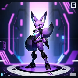 a fox fursona, darker colors, master quality, backlighting, soft lights, full body portrait, in frame, 8k, furry, fur, black and purple color pallet, robotic enhancements, cyberpunk, anthropomorphic