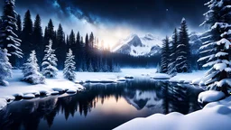 A stunning nightly winter landscape , showcases a serene lake covered in pristine snow. The scene features a breathtaking matte painting with a naturalistic setting, surrounded by a lush winter forest of coniferous trees. The snowy background and white trees create a picturesque and enchanting atmosphere, making it a trending favorite.,dramatic scene
