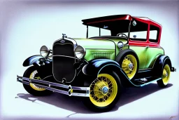 a true-to-life 1928 ford model a sedan, classic wheels, centered, intricate, extreme detailed, photorealism, center view, suburb background, pivot on ford, pen and color marker, painting by cheryl kelley