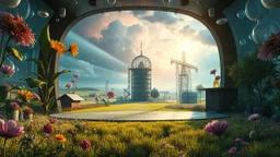 Dynamic cifi country side ,hypnotic of 3D structures Symmetry twisting and morphing between cifi plants , cifi flowers and metal geometric 3d structures buildings ,cifi cars, and an open cifi stage with a future pretty lady singer showing her performance in it,smooth translucent iridescent glass with inner glow and bubbles, varied transparent materials, stormy skies, intense dramatic