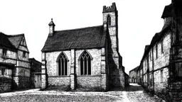 Ground-level black-and-white outline sketch of a small, ruined, gothic church with a tall, crooked roof and chimney and a cobbled street