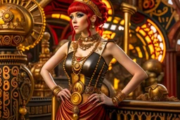 a skinny Cleopatra, with a bob red hairstyle, standing in a steampunk setting.