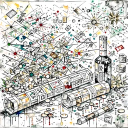 Design an asymmetrical balnced watercolour composition of clusters of watercolor drug paraphernalia, such as rolled dollar bills and razor blades, arranged amidst chaotic brushstrokes and splatters, symbolizing the destructive and dangerous world of illicit drug use.