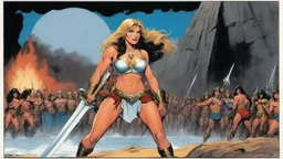 colour illustration [a mix of Madonna and Britney's allures] Ernie Chan Savage Sword of Conan #22 Pin-Up Illustration Original Art (Marvel, 1977) As she stood there, except for her tattered short pants, the audience's eyes bore into her like fiery brands. Whispers of anticipation and lust filled the air, mingling with the clinking of chains and the harsh commands of the slavers. The auctioneer's voice boomed across the market, calling out to the crowd, enticing them with promises of exotic beaut