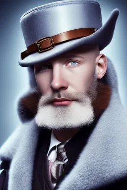 White skin bald man with brown beard and blue eyes in elegant coat and hat