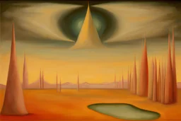 A surreal landscape by artist " Mark Rothko", by artist "Leonora Carrington"