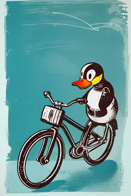 Lino print of a cartoon duck on a bicycle