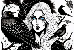 Witcher, playing with crows, black cat, perfect iris, ink and pencil, style Elisabeth Kreitz