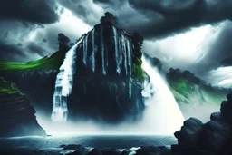 Cloudy dark sky, epic waterfall landscape