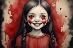 body anormal, smile blood, girl cute, watercolor illustration by <John Kenn Mortensen>, darkred tones,