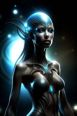 gorgeous female humanoid alien, stepping out of darkness, slender muscular body, looking over shoulder at the sky, tentacles, coper zinc orichalcum jewelry and piercings, beautiful face, mesmerizing starry eyes, smooth translucent skin, hourglass, size DD.