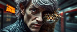 high class realism, dented skin, victorian era, cyber punk, A really close up portrait of one person individually mutated with hairy wigs glowing, and a long haired cat that just came out of a violent twister with its long hair twisted, background blur, high speed train, book cover, terrorists