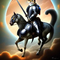 Dibujo al oleo de un gato con armadura a caballo con nubes estilo Michelangelo