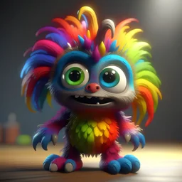 A crazy rainbow sharp hair cute funny monster with 2 big realistic eyes wiggly arms and legs clearly visible 8k resolution cinema 4d unreal engine-5 realistic octane render gothic style,ornate