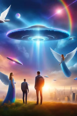 ufo rainbow, cité très futuriste ultra moderne, ufos fleet, intergalactic,angels
