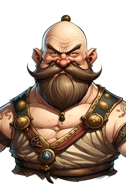 Fantasy dwarf WWE wrestler that is bald and has a curled moustache but is really dumb and happy and no beard whatsoever