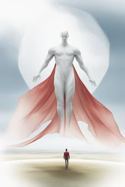 Giant massive huge in stature, majestic entity, hovering and floating over a large field landscape. the entity wears a white and red draped fabric that has printed on the material resembling stars. the fabric has also technological elements. you can see how big it is compared to a tiny human standing in front of it