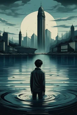 Art poster for a book about the city of Geneva with its fountain. Dystopian fiction. No words. A 20 year old male is standing in the lake. He has dark messy hair.