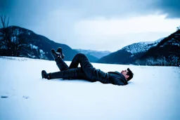 in the distance a figure in dark clothes and long black leather coat lies on his back in the snow and looks the sky in a winter landscape, alone, white snow, high contrast, cold, winter, mountains, white, blue, gray and black colors, cinematic, atmospheric, dark, gloomy, best shot