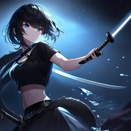 Clear focus,High resolution, black short fluffy hair, long fluffy bangs, and dark blue eyes, Depressed girl, wearing a black short shirt with a black sleeveless crop top, dark aura, controlling water, in a black room, holding a katana