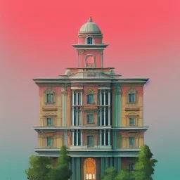 A Vignola classicism palladio Architecture building with futuristic glass building and trees +detailed facades+highly detailed++ Book illustration by Gediminas Pranckevičius, Jean Baptiste Monge, Brian Kesinger, Anton fadeev, strong lines, high contrast vibrant colors, 16k resolution, trending on behance""