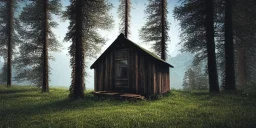 abandoned cabin between 2 mountains, raining, grass, trees, lake, high contrast, best quality, 8k, hight detailed, 3d, render, lumion, shooting star, intricate,