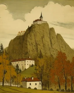 A brown mountain with a fortress designed in Scandinavian folk art painted by Maurice Utrillo