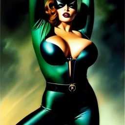 portrait oil on canvas, beautiful busty Catwoman,green eyes, ,minimal armor,comic book cover, mystical colors,insanely detailed,realistic,intrincate detail, 16k resolution, masterpiece,Frank Frazetta,Alex Horley, Simon Bisley