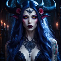 A pale Succubus, with long cascading hair, softly glowing eyes, and vivid, vibrant tattoos all over her body, in the style of, moody, gothic, eerie, dark fantasy; HDR, UHD, TXAA, impressionism, dadaism, surrealism, perfect anatomy,