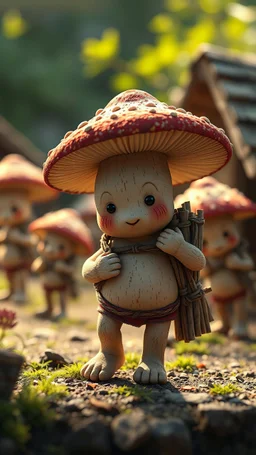 Ghibli movie. gerhart, cartoonise, ultra detailed a photo of cute mushroom people, a village, carrying farming tools, full frame show the whole body, the feet are apart, vibrant background colours. fantasy, using natural light to highlight weathered textures. bokeh, Ultra-detailed Quality 3D, 3d render octane, Unreal engine 5 effects, VFX, Isometric, Made in blender, 8k sharp focus, cinematic, ultra photorealism
