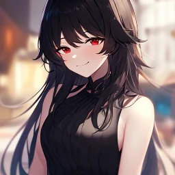 Clear focus,High resolution, black short fluffy hair, long fluffy bangs, and red eyes, Depressed girl, wearing a techy outfit, Smug smile, half closed eyes, smile, Extreme close up,