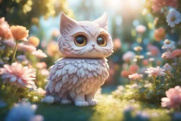 cute chibi 3D photorealistic antropomorph cat owl in a flowergarden in sunshine, ethereal, cinematic postprocessing