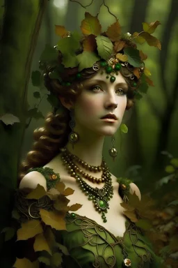 Beautiful young faced lady Forest tree portrait , adorned with moss covered art nouveau embossed floral covered branches on the head ead, branc on the hand headdress ribbed with miniature brown and green gems and , wearing árt Nouveau style branches covered botanical and floral costume floral. Ornate and beautiful art nouveau embossed Golden filigree jewellry organic bio spinal ribbed detail of art nouveau abandoned moss covered Forest trees background art nouveau floral extremely detailed hyper
