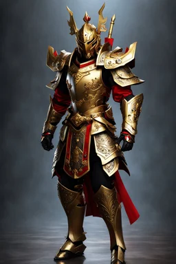 Realistic photography,front view, Handsome Warrior super model Chinese man,dressing armor warframe,looking at viewer,traditional dress ornaments mechanical armor china traditional, intricate armor, delicate golden shine bright, black metalic parts, detailed part, jewelry diamonds,dynamic pose,abstrac background, dynamic lighting, red hour, full body portrait