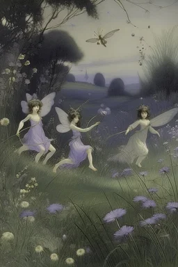 A grayish purple floral grassland with fairies painted by Henri Robert Bresil
