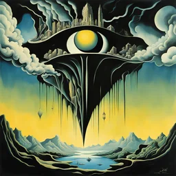 UPSIDE-DOWN world, upside-down picture, Abner Graboff and Salvador Dali deliver a dark surreal masterpiece, muted colors, sinister, creepy, sharp focus, dark shines, upside-down, reversed vertical composition,